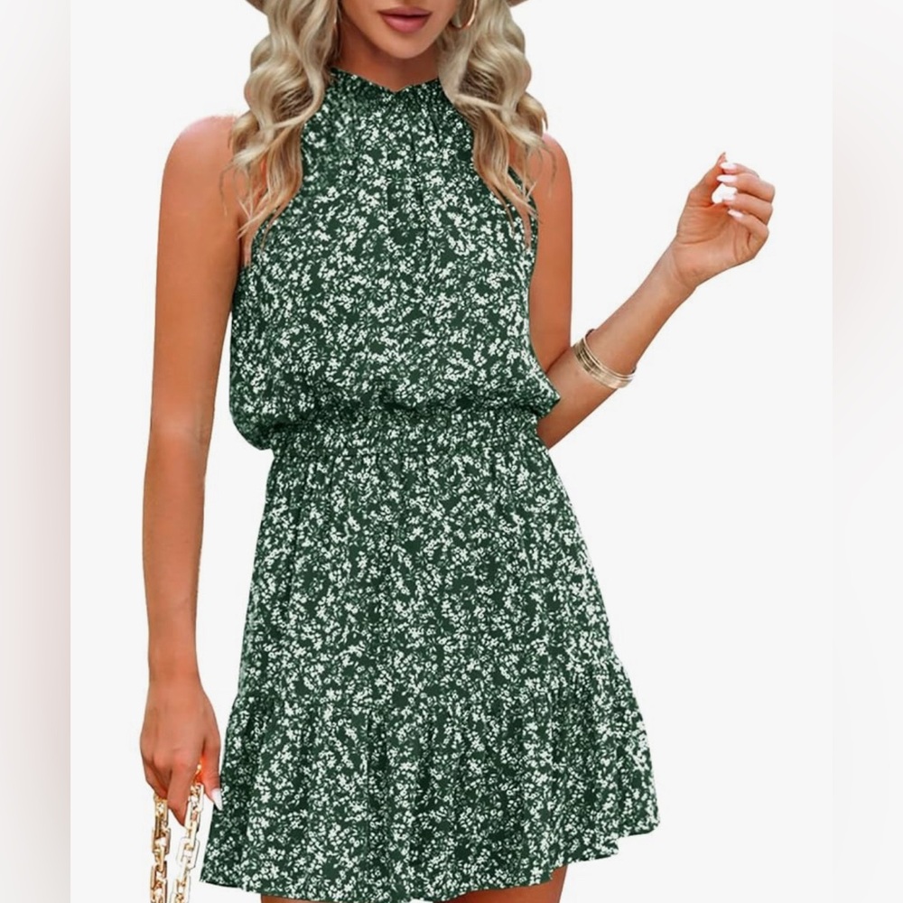 Sleeveless Green Floral Halter Dress